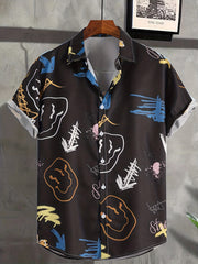 Smile Face Graphic Print Men's Casual Lapel T-shirt