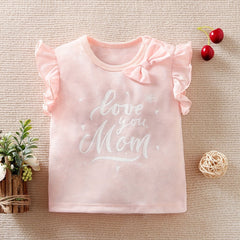 Baby Girls Love You Mom Ruffle Sleeve Bowknot Round Neck T shirt Clothes