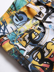 Graffiti Print Slim Fit Jeans Men Casual Street Style Denim Pants