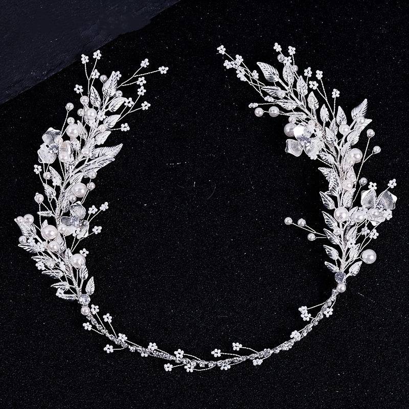 Bridal Silver Leaf Pearl Headband Tiara Wedding Hair Band
