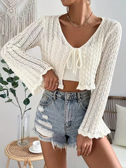 Tie Front Knit Cardigan Scallop Trim Flared Sleeve Sweater