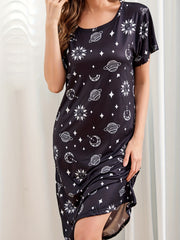 Starry Print NightDress Short Sleeve Crew Neck Pajama Dress