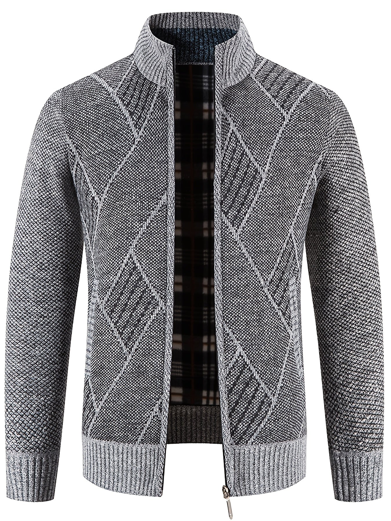Men's Knit Zip Up Cardigan Plush Warm Stand Collar Diamond Plaid