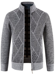 Men's Knit Zip Up Cardigan Plush Warm Stand Collar Diamond Plaid