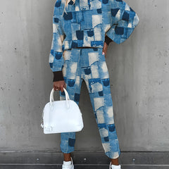 Denim Print Long Sleeve Top & Pants Set