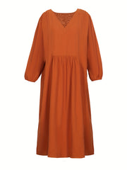 Solid Long Sleeve V-Neck Dress
