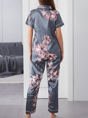 Floral Print Pajama Set Short Sleeve Button Top & Pants