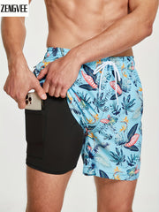 Men's 2 in 1 Sports Shorts, Fish & Floral Pattern, Gym Workout