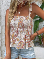 Paisley Print Ruffle Tank Top Sleeveless Summer Casual Women's Clothing