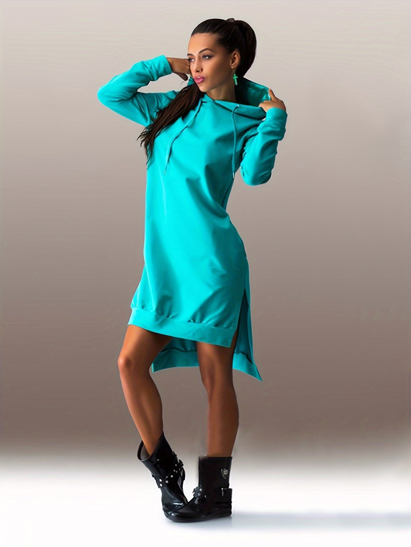 Solid Long Sleeve Hooded Sweatshirt Dress Plus Size
