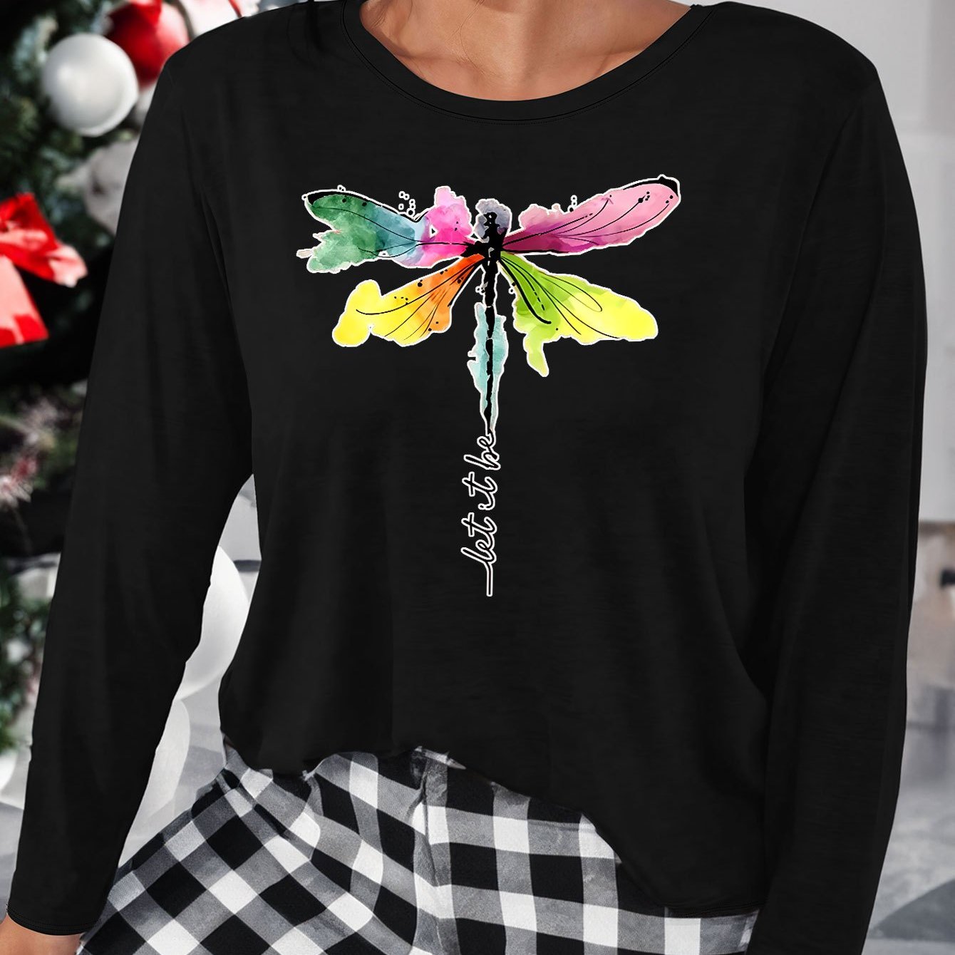 Dragonfly Print Long Sleeve Lounge Top Round Neck
