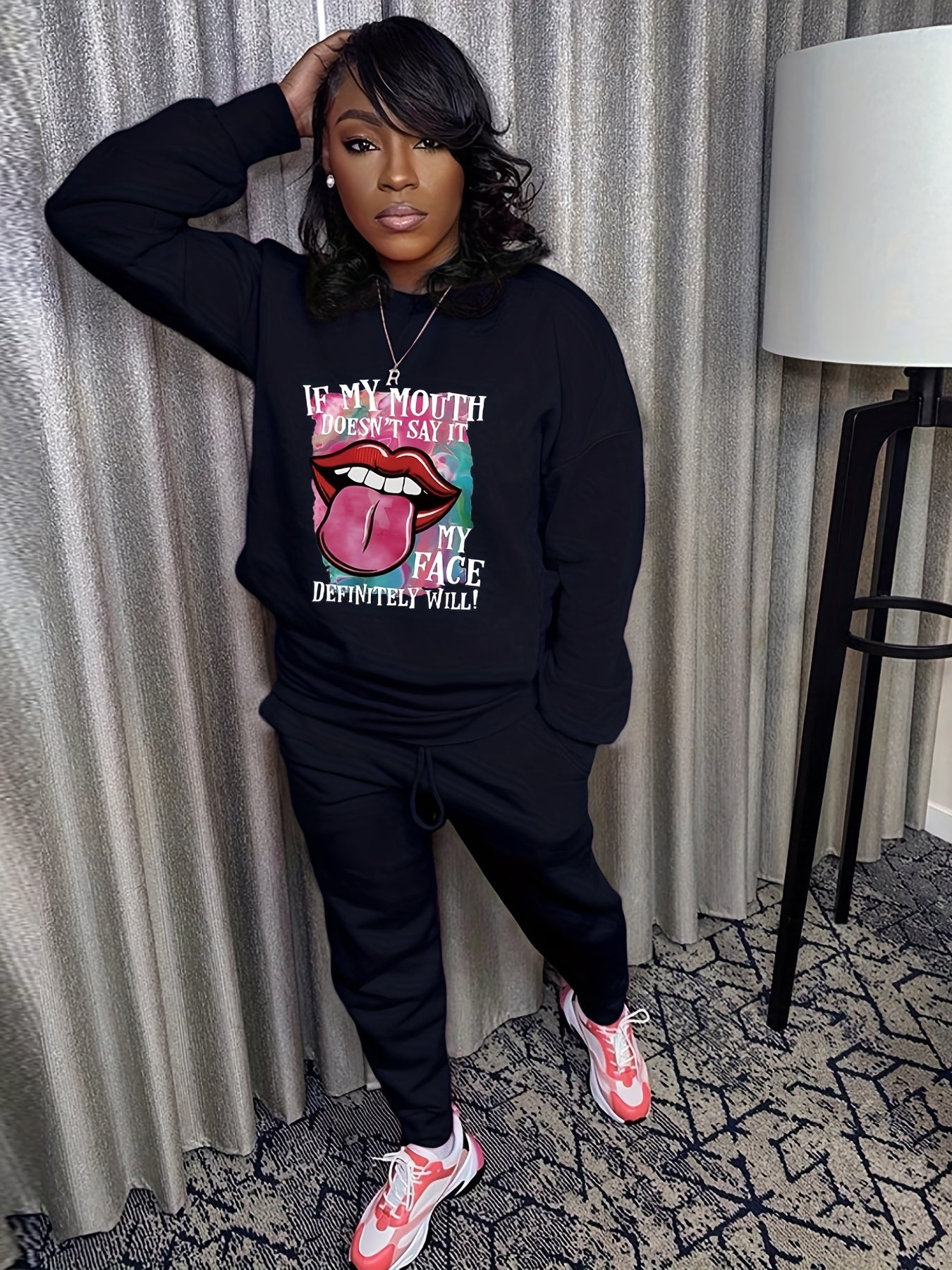 Casual Comfy 2pc Set Graphic Print Long Sleeve Tops & Pants Outfits