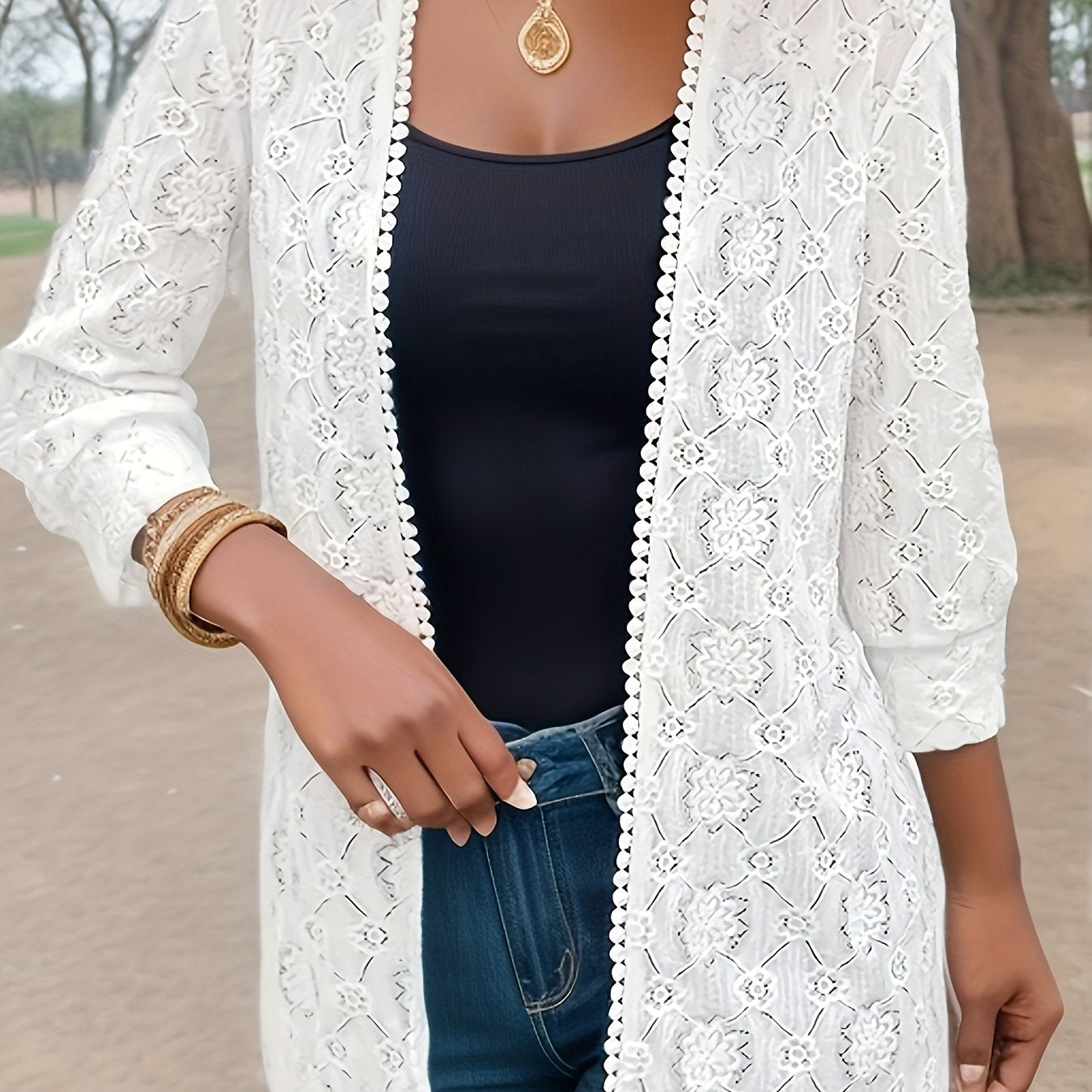 Hollow Out Floral Pattern Long Sleeve Open Front Coat