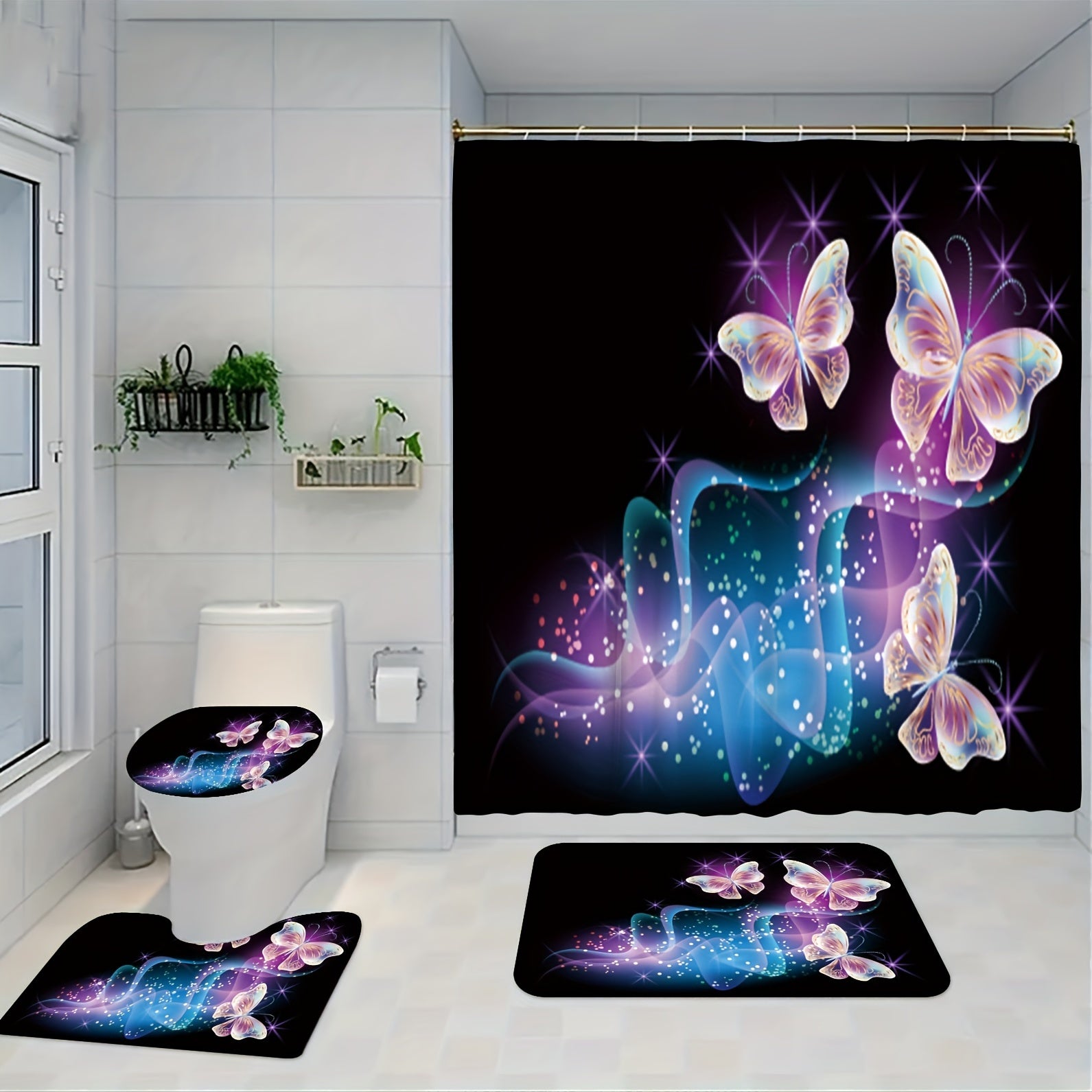 Luminous Butterflies Shower Curtain Set Bathroom Decor