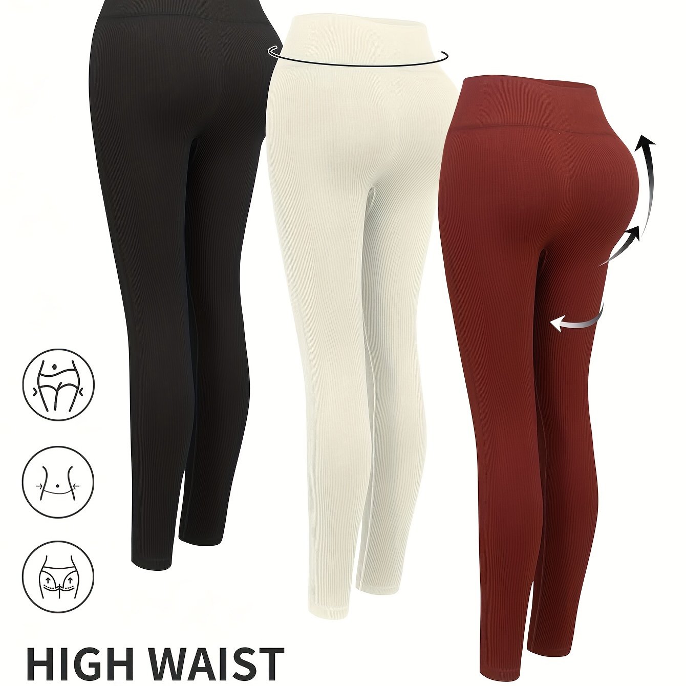 3pcs Ribbed Butt Lifting Leggings High Waist Yoga Pants