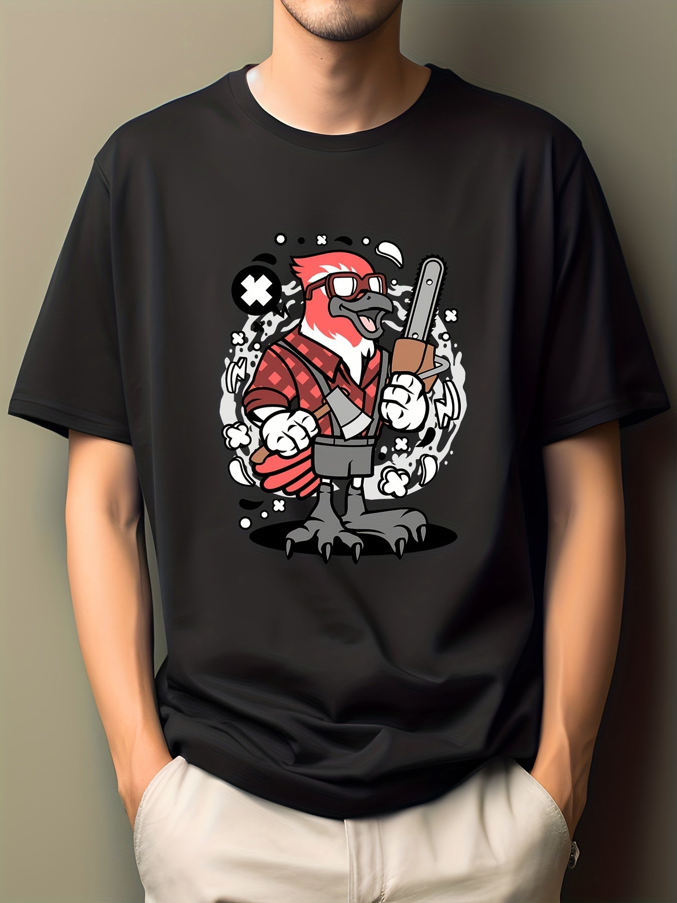 Men's Bird Guitar Print T-shirt Active Casual Crew Neck Tee