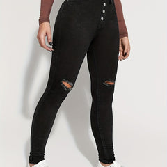 Slim Fit Distressed High Rise Jeans Button High Waist Denim Pants