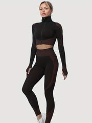 Yoga Crop Top & Leggings Set, Long Sleeve Zipper Workout, High Waist