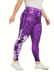 Floral Print High Rise Leggings Women's Plus Casual Skinny Pants