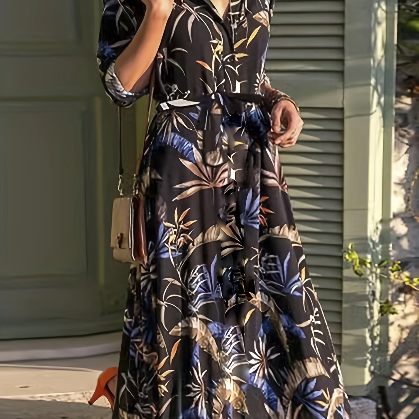 Leaf Print Long Sleeve Shirt Dress With Belt