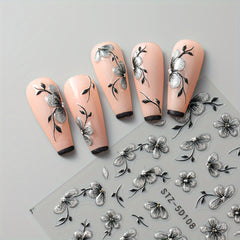 2pcs 5D Floral Nail Art Stickers Set Acrylic Flowers Decals with Glitter