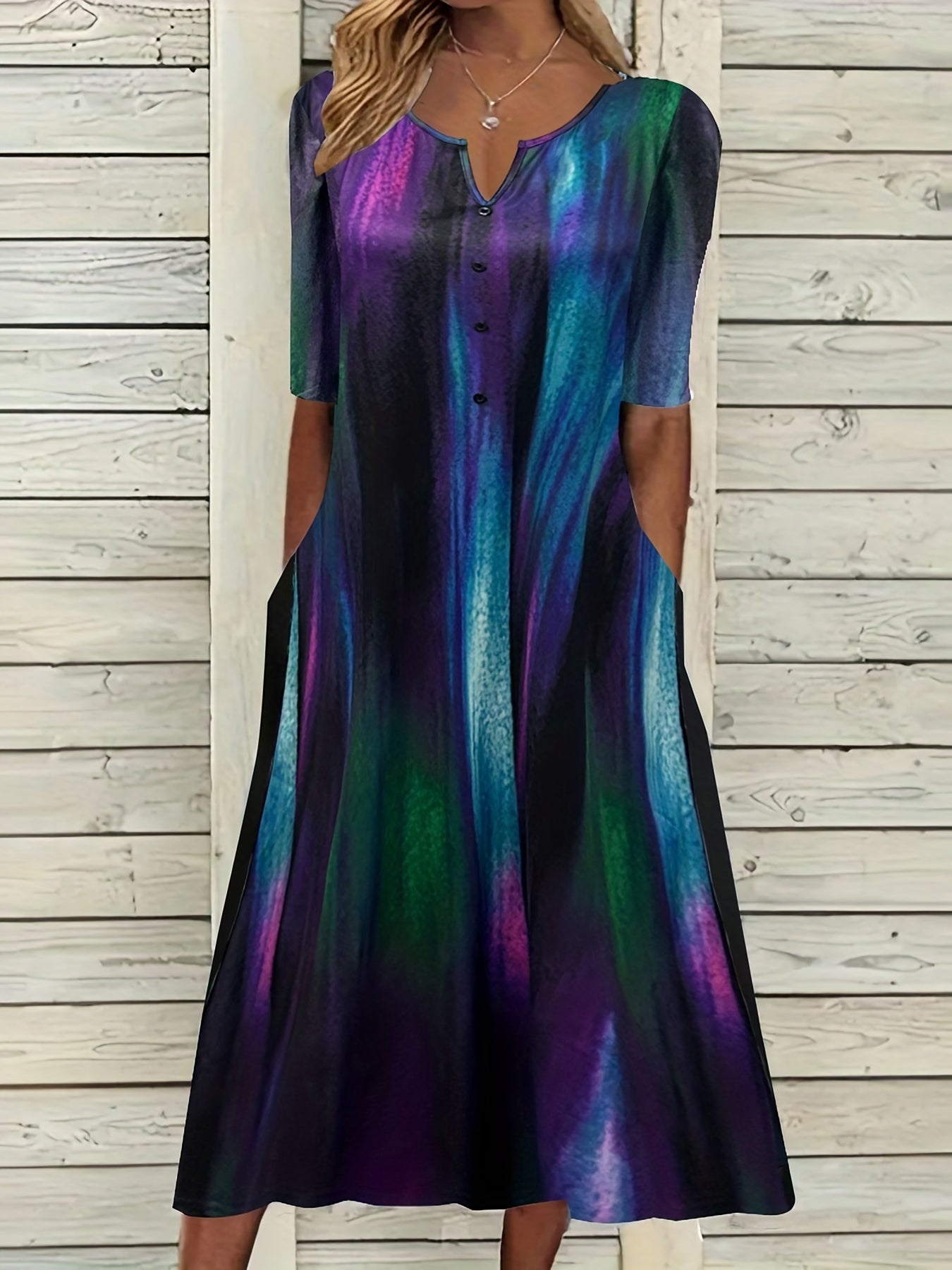 Casual Dress Women's Plus Print Button Decor Short Sleeve Dress