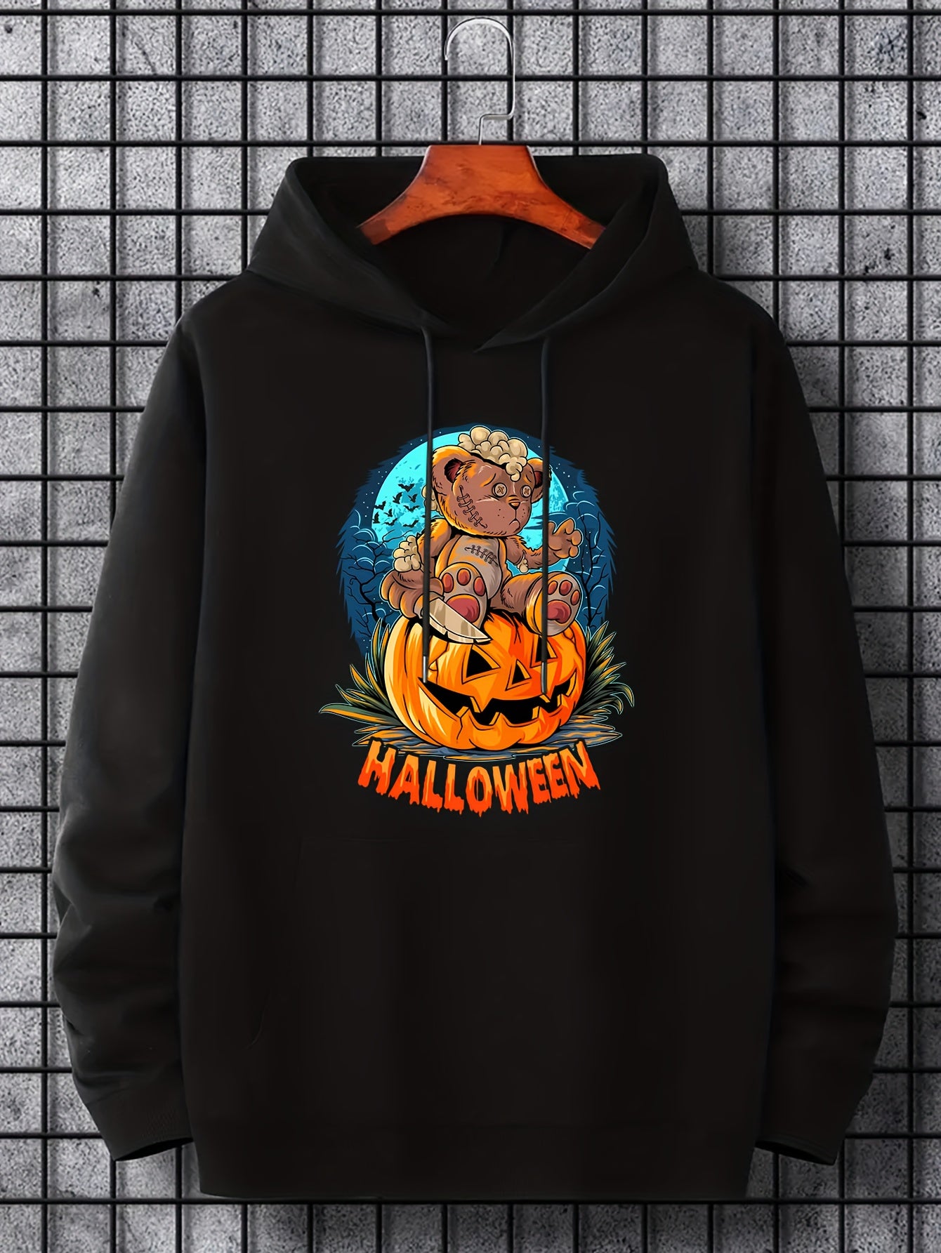 Men's Halloween Bear Graphic Hoodie Slightly Stretch Sweatshirt