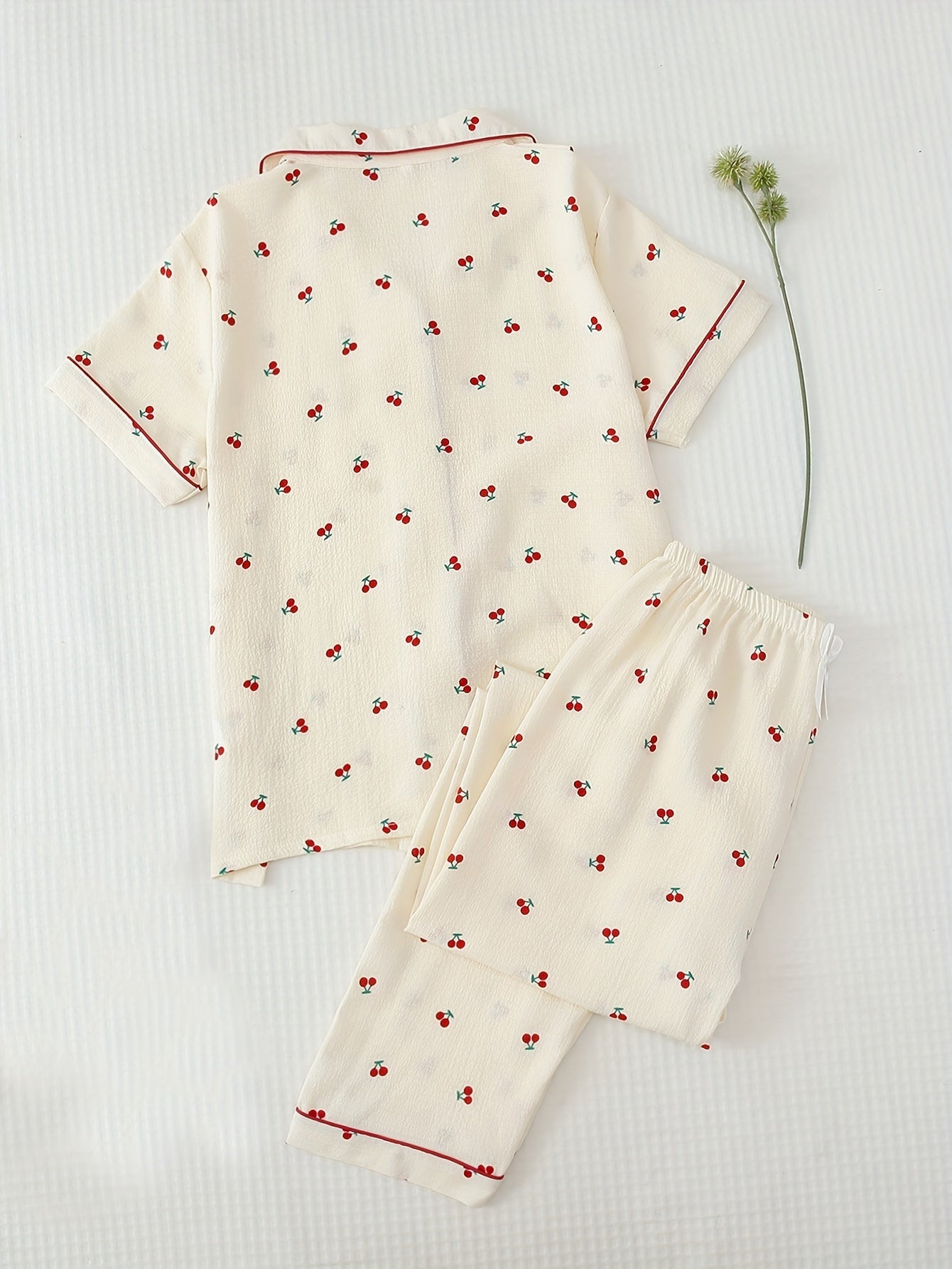 Cherry Print Pajama Set Short Sleeve Button Up Top & Pants Women's Sleepwear