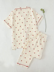 Cherry Print Pajama Set Short Sleeve Button Up Top & Pants Women's Sleepwear