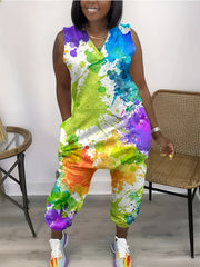 Tie Dye Print Sleeveless Jumpsuit Women's Plus High Stretch