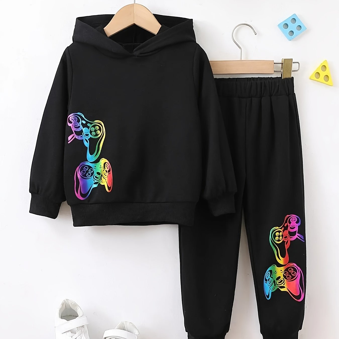 Colorful Gamepad Pattern Boy's 2pcs Hoodie & Sweatpants Set