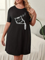 Cat Print Loungewear Dress Short Sleeve Round Neck Sleep Dress