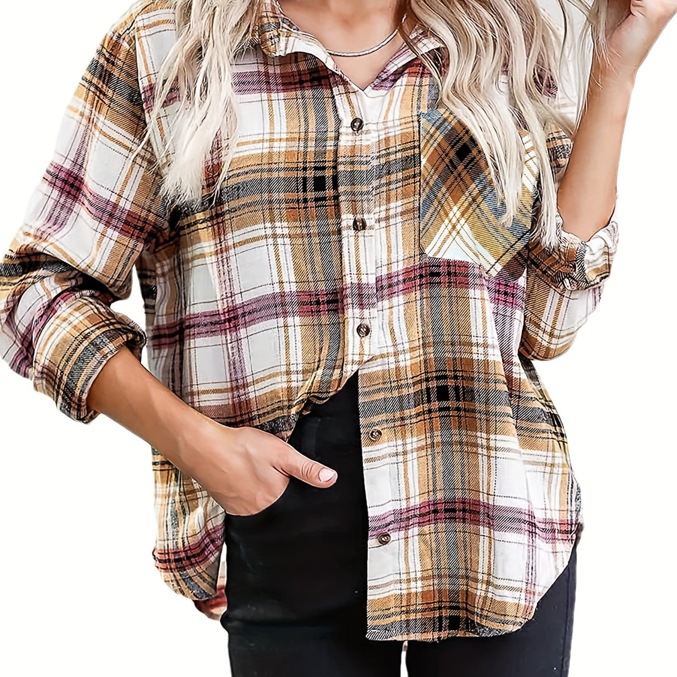 Plaid Button Front Pocket Shirt Long Sleeve Casual Shirt