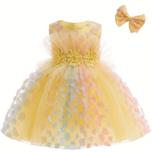 Flower Decor Sleeveless Mesh Gown Princess Dress & Headband Set