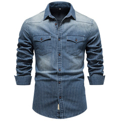 Men's Striped Stretch Denim Shirt Casual Slim Fit Jeans
