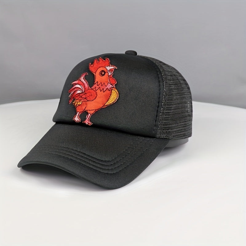 Red Cock Patch Trucker Hat Animal Pattern Mesh Baseball Cap Adjustable