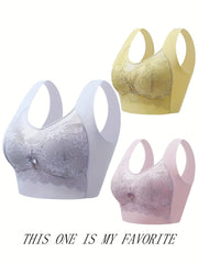 3pcs Lace Wireless Bras Breathable Wide Straps Women's Lingerie