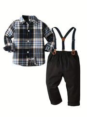 Boys Formal Outfit Striped Shirt & Suspender Pants Set
