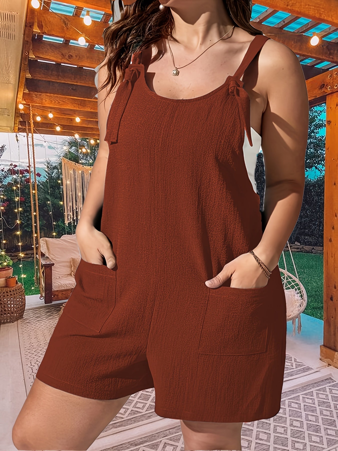 Solid Tie Straps Tank Romper With Pockets