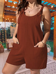Solid Tie Straps Tank Romper With Pockets