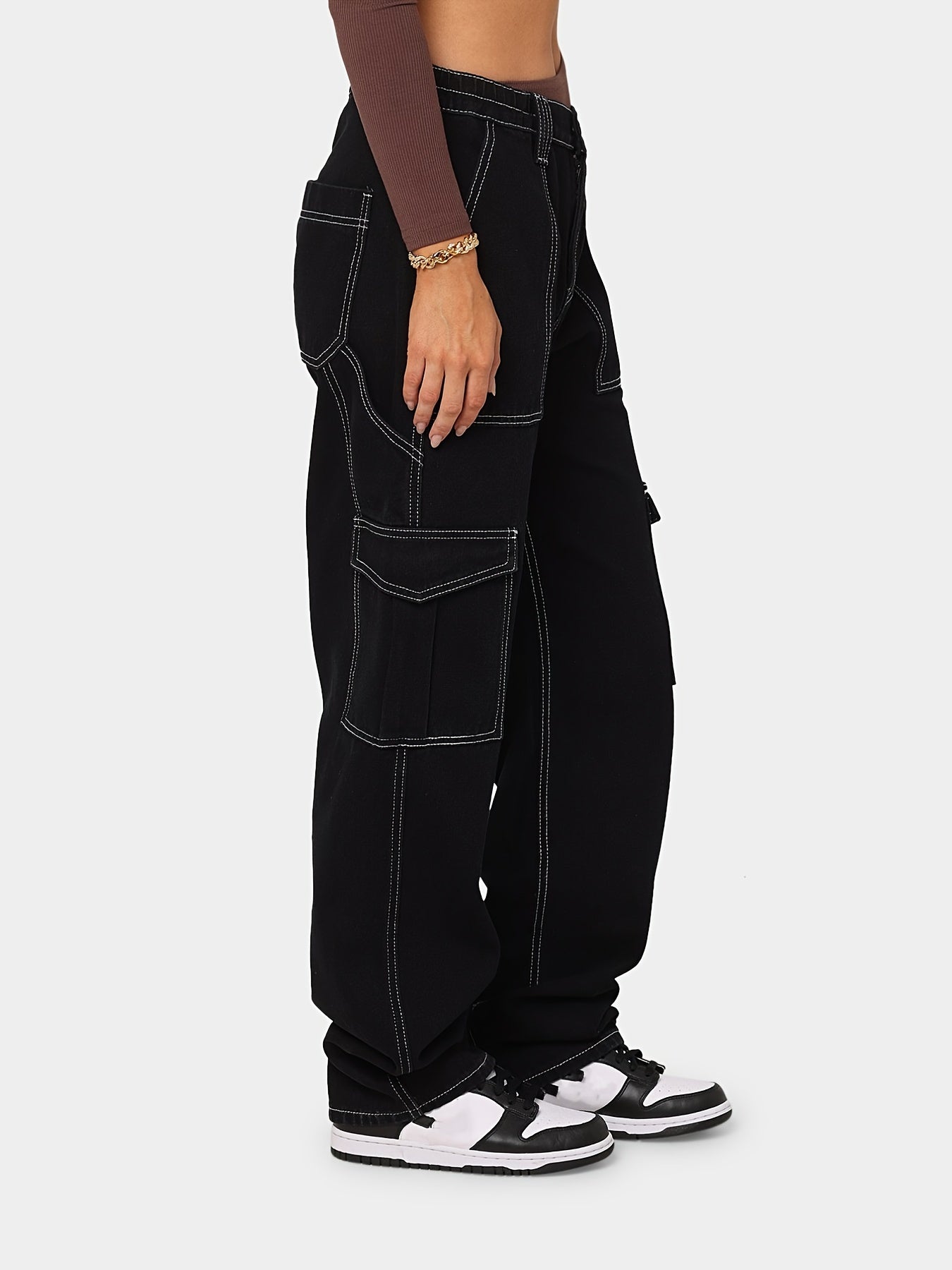 High Waist Flap Pockets Cargo Jeans Casual Loose Wide Legs Denim Pants