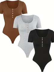 3 Pack Plus Size Basic Bodysuit Women's Plus Round Neck Button Up High Stretch