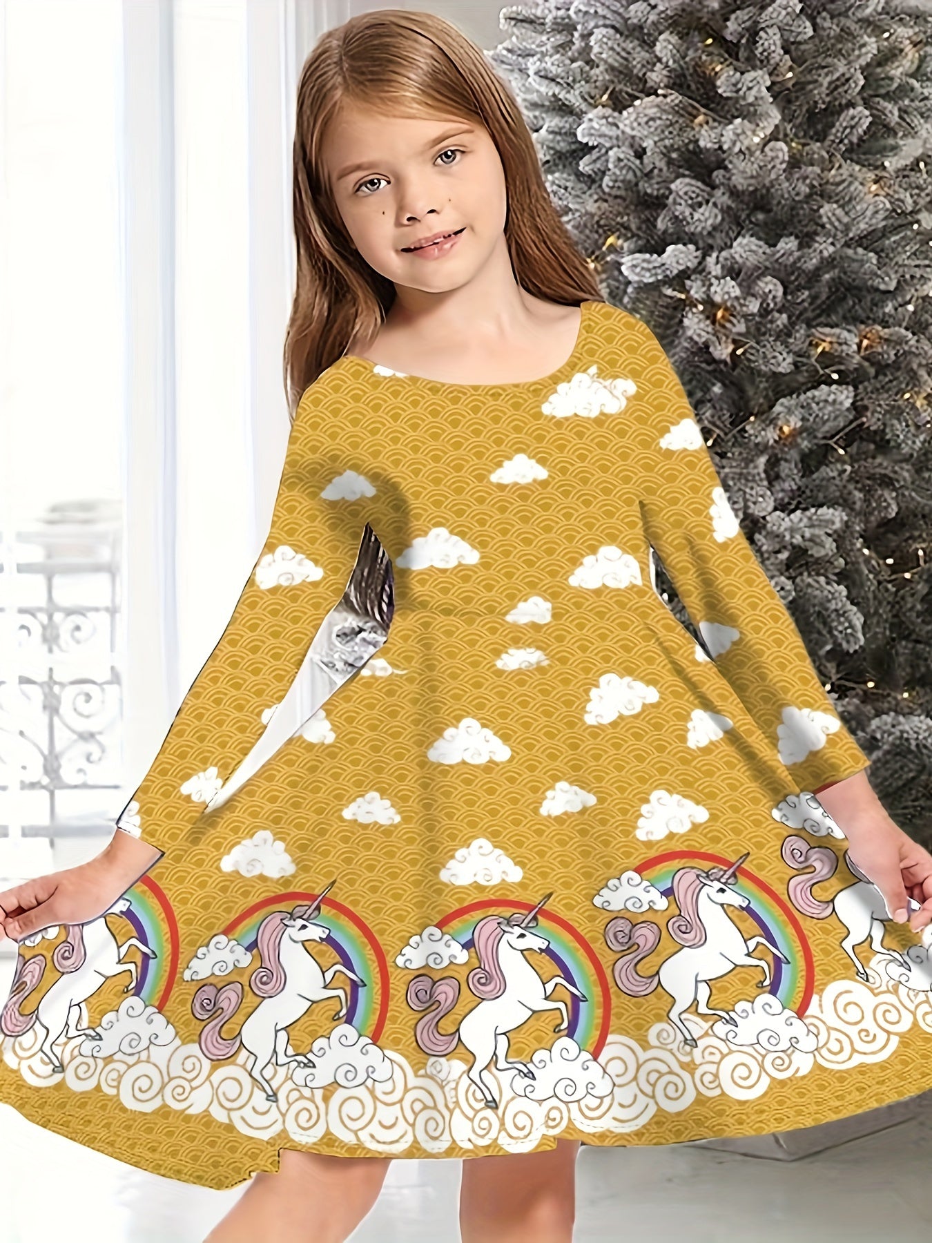 Snowflake Graphic Long Sleeve Dress Girls Christmas Party
