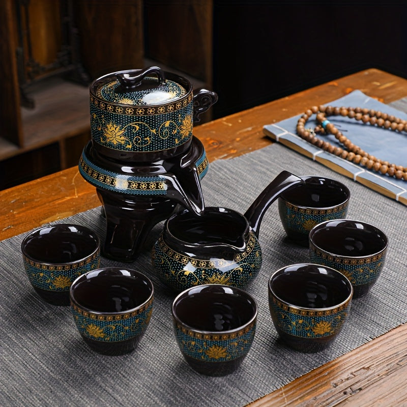 Retro Ceramic Tea Set with Stone Mill and Graphite Fortune Turn