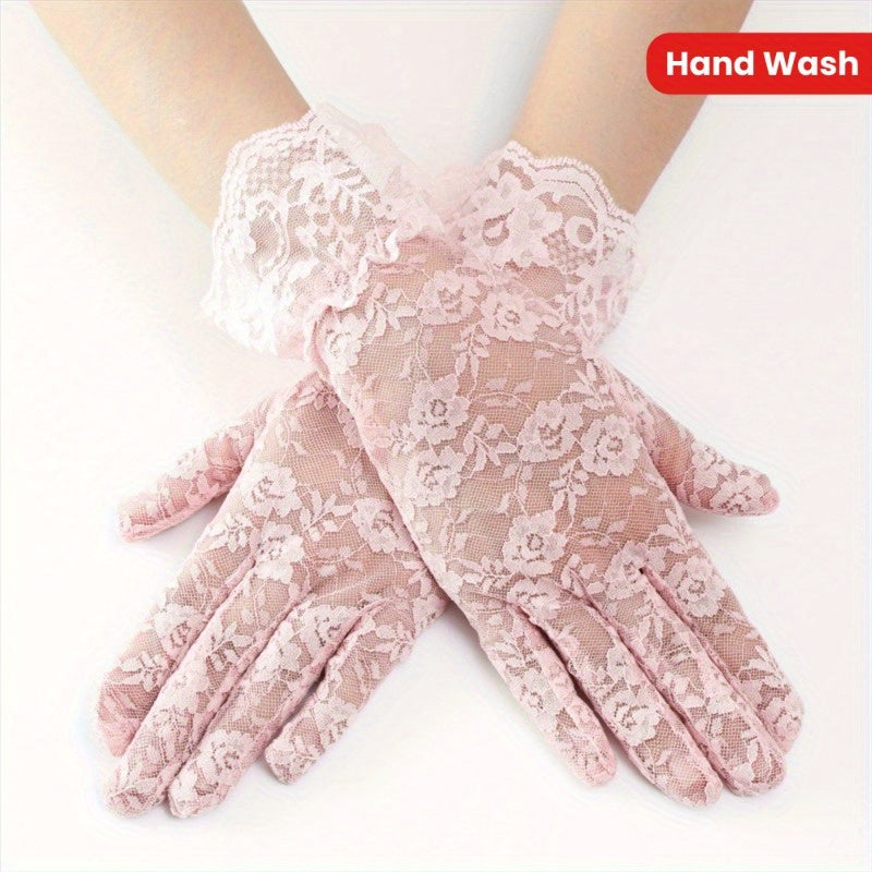 3 Pairs Women's Pink Floral Lace Wedding Gloves Long Sleeve Sun Protection