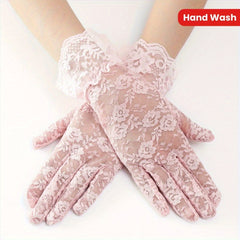 3 Pairs Women's Pink Floral Lace Wedding Gloves Long Sleeve Sun Protection