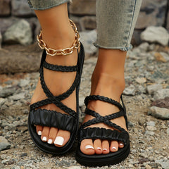 Women's Solid Pleated Sandals Cross Strap Lightweight Summer Shoes