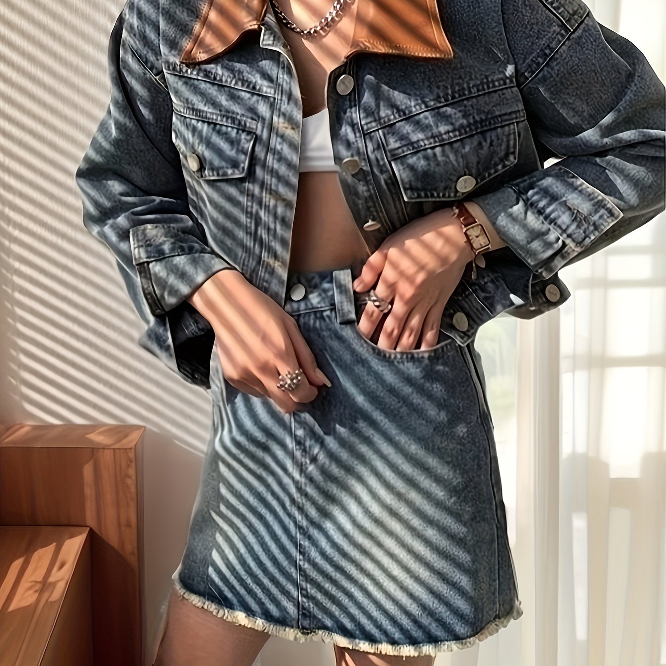 Vintage Denim Crop Jacket Leather Lapel Long Sleeves Front Button Coat
