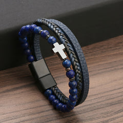 Men's Stone Stainless Steel Leather Cross Bracelet