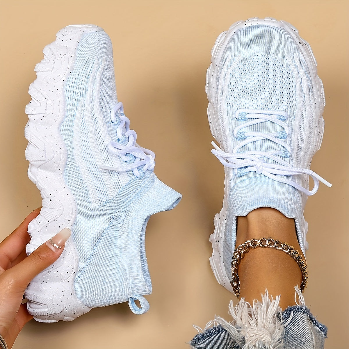 Women's Breathable Knit Platform Sneakers Casual Lace Up Shoes